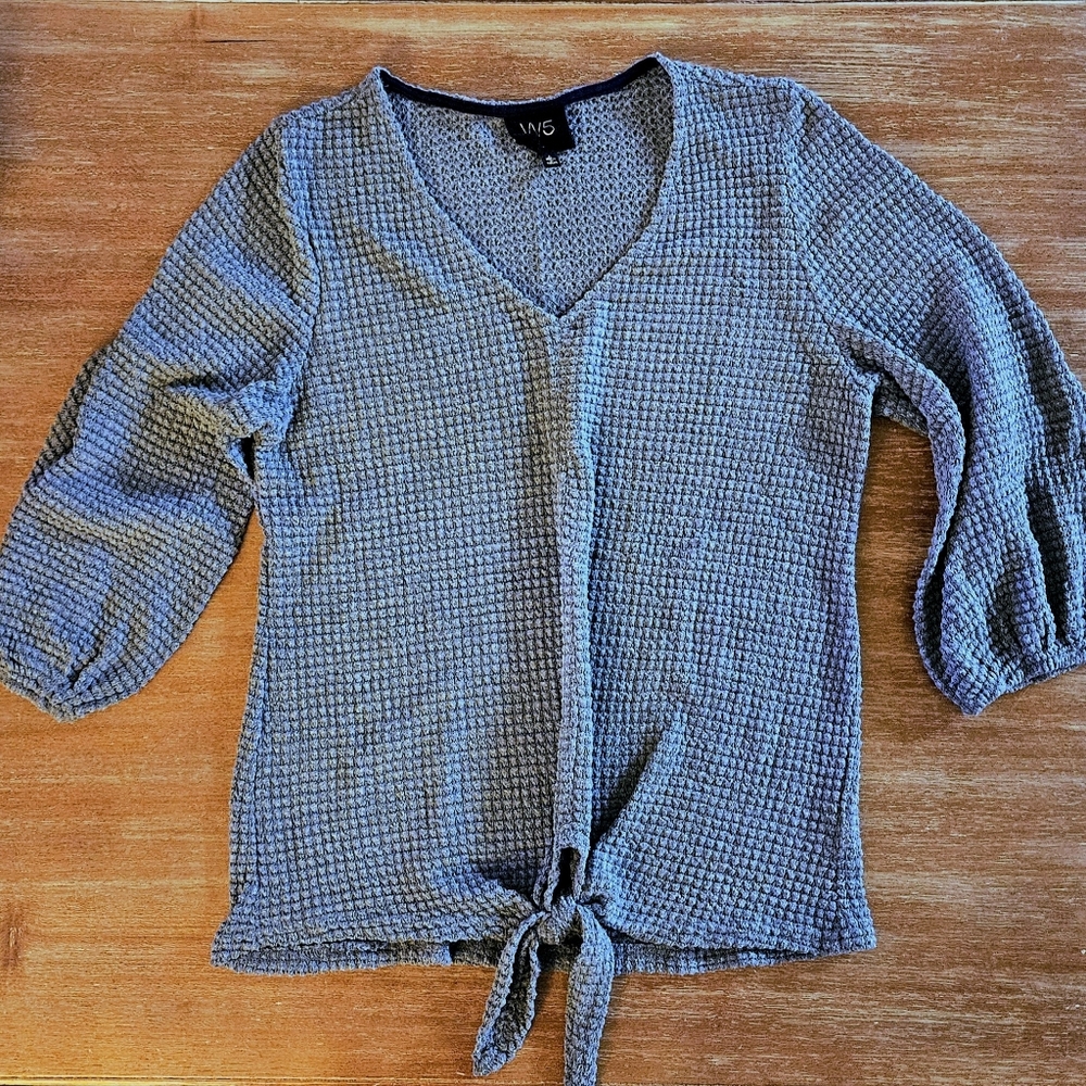 Charcoal Gray Tie-Front V‑Neck Waffle Top 3/4 Sleeve Thermal Sweater Size Large